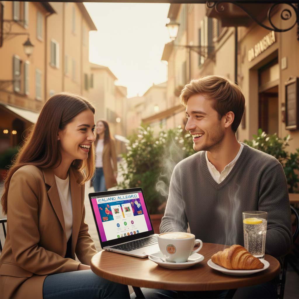 a man and a woman talking in an italian bar